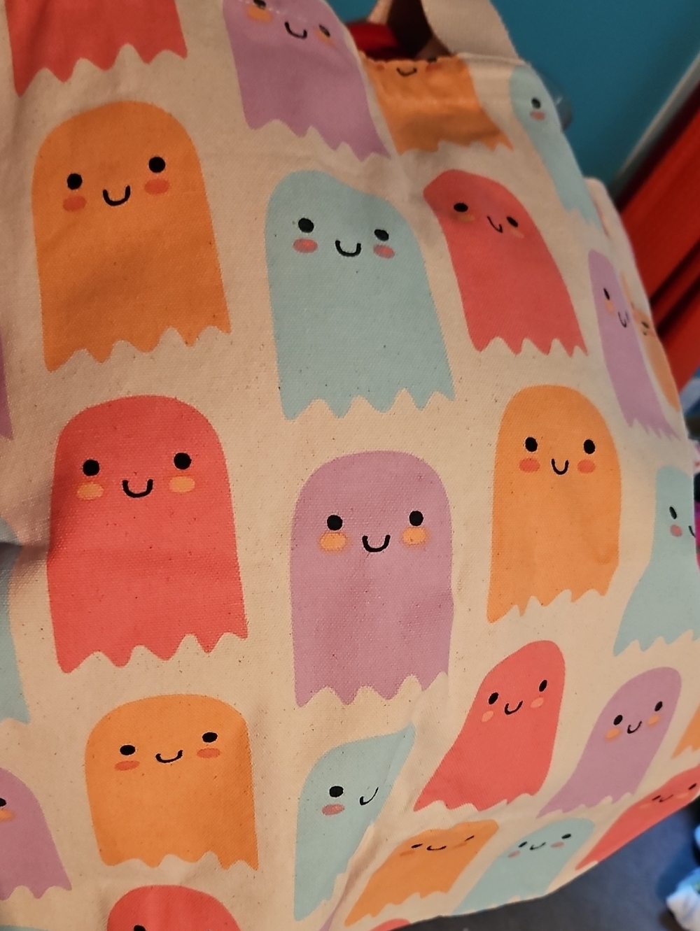 Halloween Cute Pastel Ghost Print Tote Bag - Pink & Peach - Picture 3 of 4